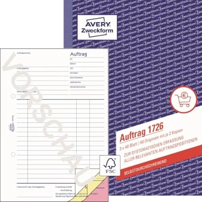 Obrázek Avery Zweckform 1726 zakázku (A5, vlastní Kopírování, 3 x 40 listů) Bílá/žlutá/růžová 1 kus