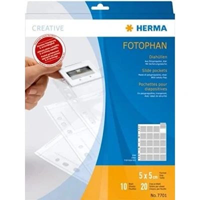 Obrázek HERMA 7701 pouzdra na diapozitivy pro zarámované diapozitivy, 10 kusů, 5 x cm, 20 dělených přihrádek, průhledné, oboustranně viditelné, fotophan obaly fotoshledy sběratelské s euroděrováním