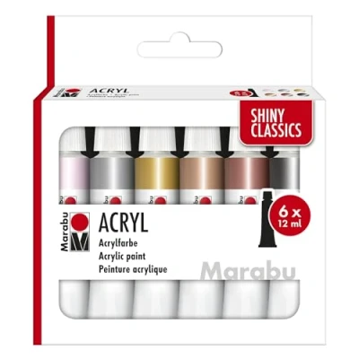 Obrázek Marabu Sada akrylových barev SHINY CLASSICS, 6 x 12 ml metalicky třpytivé barvy, snadno se roztírá, rychleschnoucí, stálé na světle, odolné proti povětrnostním vlivům, pro mnoho malířských technik a