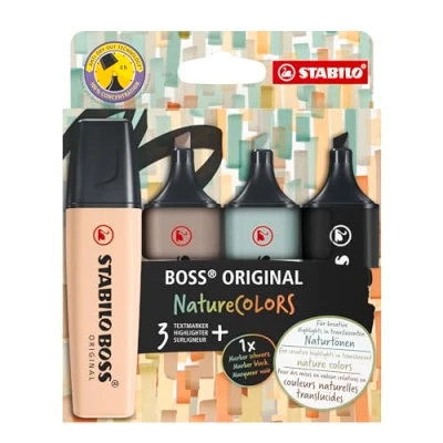 Obrázek Zvýrazňovač STABILO BOSS ORIGINAL NatureCOLORS balení 4 ks béžová, teplá šedá, zelená, černá