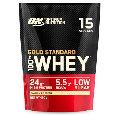 Obrázek Optimální výživa ON Gold Standard Whey Protein Powder, proteinový prášek pro budování svalů, přirozeně obsažený BCAA a glutamin, Vanilla Ice Cream, 14 porcí, 450g, balení se může lišit