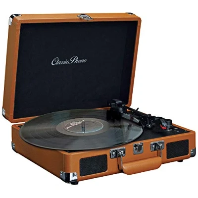 Obrázek Lenco Classic Phono TT 10BN gramofon na kufr s reproduktory funkce automatického vypnutí 3 rychlosti řemenový pohon vstup AUX Line Out hnědý