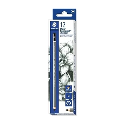 Obrázek STAEDTLER Kohlestifte Mars Lumograph charcoal, Sechskantform, hoher Ruß und Kohleanteil, Premium Kohlestifte, Härtegrad M, 12 Stifte in Kartonfaltschachtel, 100C M