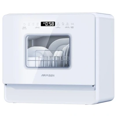 Obrázek AIRMSEN Stolní myčka nádobí Mini s měkkou vodou, 7+2 programy &amp; nádrž na vodu 5l, kompaktní s/bez připojení vody, ideální pro byty obytné vozy bílá