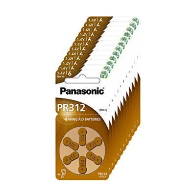 Obrázek Panasonic PR312 Zink Luft Batterien für Hörgeräte, Typ 312, 1.4V, Hörgerätbatterien, 10 Packungen (60 Stück), braun