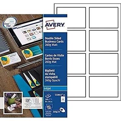 Obrázek AVERY Zweckform C32015 25 Premium vizitky, prázdné (200 kusů, 260 g, 85 x 54 mm, oboustranně potištěné, matné bílé, absolutně hladké hrany, listů) pro vlastní potisk na inkoustových tiskárnách