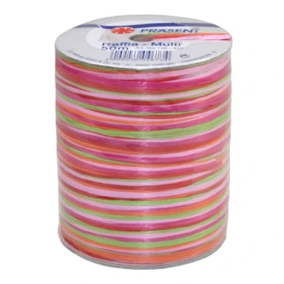 Obrázek PRÄSENT C. E. Pattberg Raffia Multicolour Bastband červená zelená růžová, 50 m dárková stuha k zabalení, 5 pramenů pro kutilství na dárky, příslušenství dekoraci &amp; tvoření
