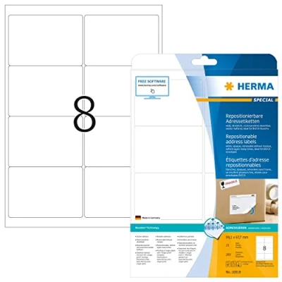 Obrázek HERMA Univerzální etikety 10018 neprůhledně odstranitelné, 25 listů, 99,1 x 67,7 mm, 8 na arch A4, 200 kusů, samolepicí, potisknutelné, matné, prázdné papírové lepicí samolepky, bílé