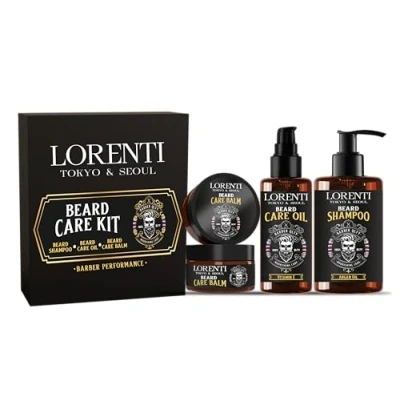Obrázek LORENTI TOKYO &amp; SEOUL Argan Barber péče o vousy Styling Set sada pro péči s olejem na vousy, šamponem a balzám nápad dárek muže Beard Care