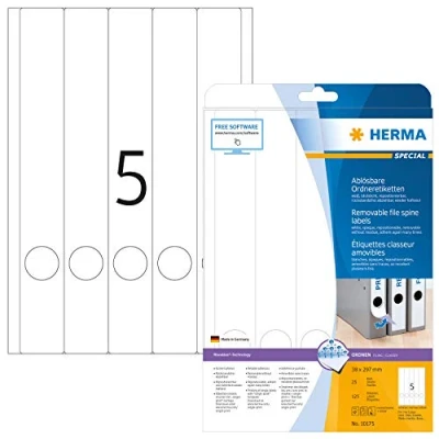 Obrázek HERMA 10175 na hřbety pořadačů odstranitelné dlouhé úzké, 25 listů, 38 x 297 mm, 5 arch A4, 125 kusů, samolepicí, potisknutelné, neprůhledné, papírové štítky pořadače zadní straně