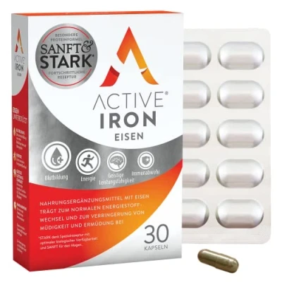 Obrázek Active Iron Neucpávající železné tablety železo podporuje imunitní obranu Klinicky ověřená absorpce balení 30 kapslí
