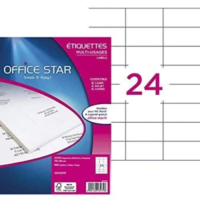 Obrázek OFFICE STAR Selbstklebende Etiketten für Drucker, A4, Weiß, 2400, 70 x 36 mm, personalisierbar und bedruckbar, FSC zertifiziert, selbstklebend, selbstklebendes Etikettenpapier