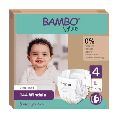 Obrázek Bambo Nature Baby Windeln Größe 4 (7 14kg) 144 St. Monatsbox Premium Diapers mit verbesserter Auslaufsicherheit Ultimativen Komfort &amp; Freiheit für Aktive Kinder, Dermatologisch getestet Nappies