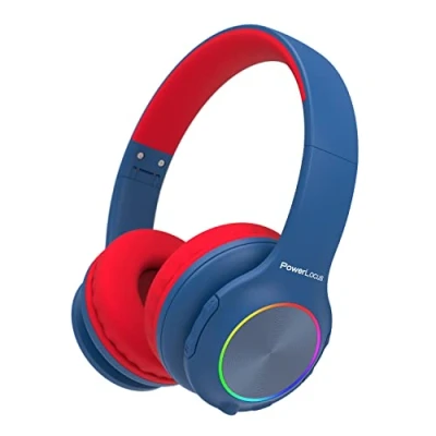 Obrázek dětská sluchátka Bluetooth, PowerLocus bezdrátová s LED světly 74/85/94dB omezení hlasitosti, skládací headset, HD Stereo, Micro SD, vestavěný mikrofon pro školy/laptop/mobilní