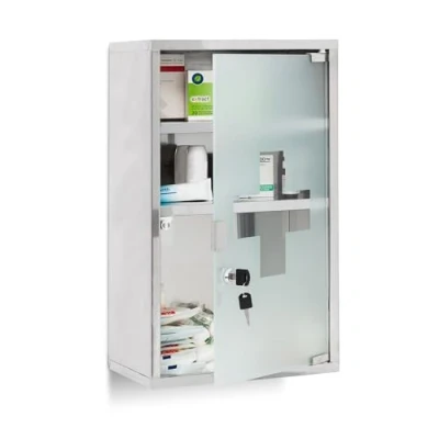 Obrázek Relaxdays EMERGENCY skříňka na medicínu XL extra hluboká z nerezové oceli VxŠxH: cca 50,5 x 30 18 cm se 3 přihrádkami a skleněnými dveřmi pro uzamčení pomocí 2 klíčů bezpečné uložení léků děti, stříbrná