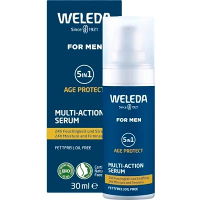 Obrázek WELEDA Bio FOR MEN 5v1 Multi Action sérum přírodní kosmetika proti stárnutí muži péče o obličej koncentrát zmírňuje vrásky a napnuté. Pánské obličejové s aloe vera šťávou z granátového