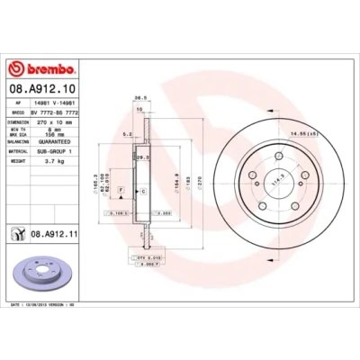 Obrázek Brembo 08.A912.11 Hintere Bremsscheibe mit UV Lackierung, Anzahl 2