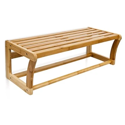 Obrázek Relaxdays Nástěnný regál s tyčí na ručníky z bambusu V x Š H 20 60 26 cm Koupelnová police pro montáž stěnu jako držák odkládací plochou věšák ze dřeva
