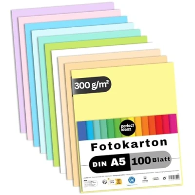 Obrázek perfect ideaz 100 listů fotokartonu DIN A5, 10 barev, 300 g/m², Made in Germany, certifikovaný modrý anděl