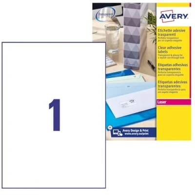 Obrázek Avery J7567 25 Adresní štítky pro laserové tiskárny (1 štítek Folio, 210 x 297 mm) kusů Průhledná