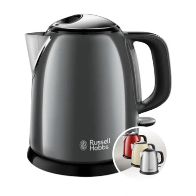 Obrázek Russell Hobbs malá rychlovarná konvice [1,0 l] Colours+ ušlechtilá ocel šedá (2400 W, funkce rychlého vaření, vyjímatelný filtr vodního kamene, venkovní ukazatel hladiny vody, cestovní