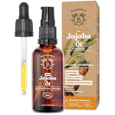Obrázek Bionoble jojobový olej bio 50 ml 100 % čistý, přírodní a lisovaný za studena obličej, tělo, vlasy, vousy, nehty vegan Cruelty Free skleněná láhev + pipeta pumpička