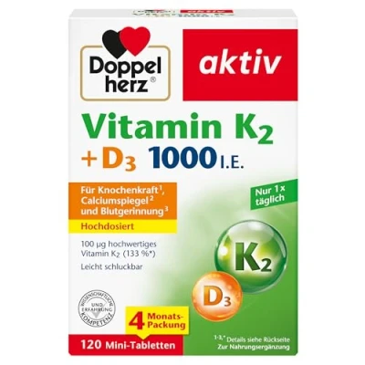 Obrázek Doppelherz vitamín K2 + D3 1000 I.E. D a k přispívají v kombinaci zachování zdravých kostí 120 mini tablet