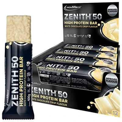 Obrázek IronMaxx Zenith 50 XL High Protein Bar White Chocolate Crisp 12 x 100 g proteinové tyčinky s % obsahem bílkovin low carb, sugar důležitými aminokyselinami