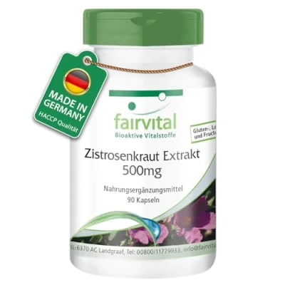 Obrázek Fairvital extrakt z cistrosího 500 mg 90 kapslí 5násobně koncentrovaný cistusu polyfenoly přírodního zdroje 100% veganské testovaná kvalita a vysoká dávka Made in Germany