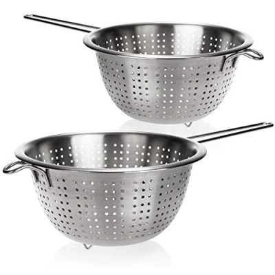 Obrázek COM FOUR® 2x kuchyňské sítko z ušlechtilé oceli klasické na nudle s rukojetí kulaté mytí ovoce, zeleniny a salátu (2 kusy rukojeť)