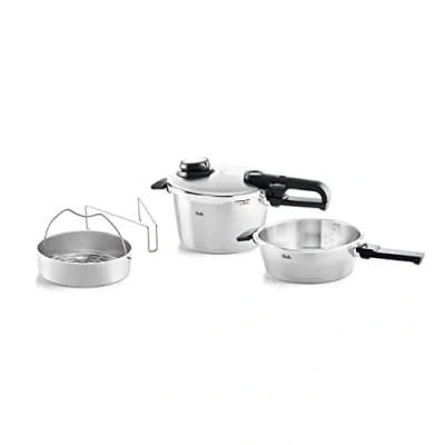 Obrázek Fissler Vitavit Premium / sada tlakového hrnce, 4dílná (6 l Ø 22 cm a pánev 2,5 cm) vč. kovového víka, vložka indukční, stříbrná