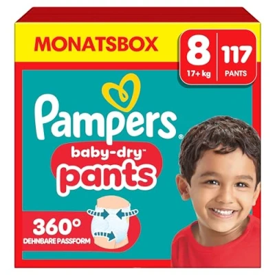 Obrázek Pampers Plenkové kalhotky velikost 8 Baby Dry, 117 plenek, 19 kg+, 360 Fit pomáhají předcházet vytékání