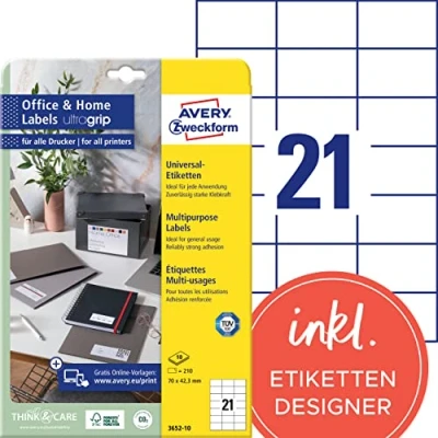 Obrázek AVERY Zweckform 3652 10 nálepek na adresu (210 lepicích etiket, 70 x 42,3 mm A4, potištěné etikety odesílatele, samolepicí štítky s ultragripem, ideální pro HomeOffice) listů, bílá