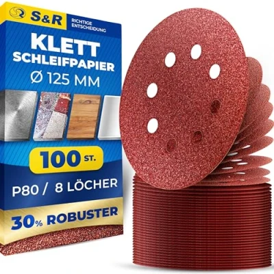Obrázek S&amp;R Sada brusného papíru se suchým zipem 125 mm, mistr, 8 otvorů, 100 ks zrnitostí P80, brusné kotouče, kotouče pro excentrické brusky, brusný papír zipem, spolehlivá přilnavost na