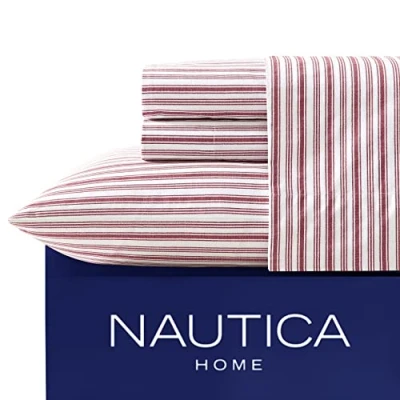 Obrázek Nautica Bettwäsche Set für Doppelbett, Baumwoll Perkal Set, lässige Heimdekoration, Wohnheim Essentials (Coleridge Stripe Red, Twin XL)