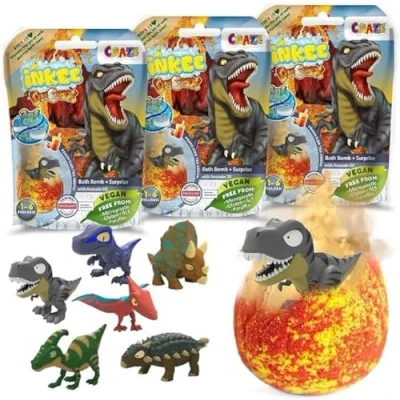 Obrázek INKEE SURPRISE DINO Sada 3 ks dětských bomb do koupele s figurkami dinosaurů, 3x koupelové bomby ve tvaru vajíčka vůní broskvového ledového čaje, kuličky vanou