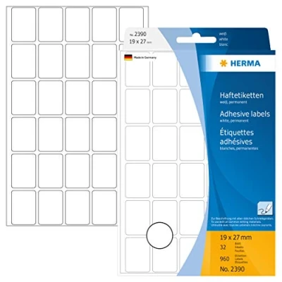 Obrázek HERMA 2390 víceúčelových etiket, 960 kusů, 19 x 27 mm, 30 na arch, samolepicí, etikety pro domácnost k popisování, matné, prázdné papírové lepicí samolepky, bílé