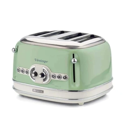 Obrázek Ariete Vintage 156, toustovač se 4 kotoučy, retro 6 stupni toustování, automatické vyhazování, funkce rozmrazování, vyjímatelná přihrádka na drobky, kryt z ušlechtilé oceli, 1600 W,