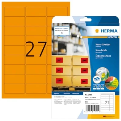 Obrázek HERMA 5141 barevné etikety neonově oranžové, 20 listů, 63,5 x 29,6 mm, 27 na arch A4, 540 kusů, samolepicí, potisknutelné, matné, prázdné papírové neonové etikety, nálepky