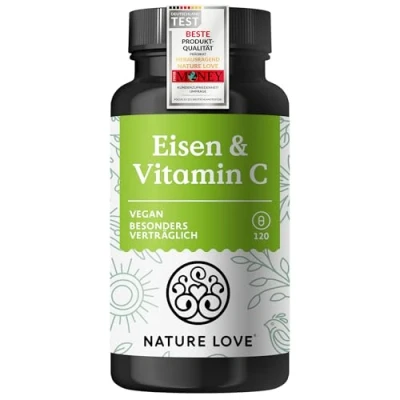 Obrázek NATURE LOVE® Železo s přírodními kapslemi vitaminu C 20 mg bisglycinátu železa a 43 120 kapslí veganské, chuťově neutrální vyrobeno v Německu