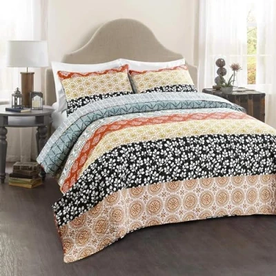 Obrázek Lush Decor Bohemian Stripe prošívaná deka, tyrkysová/oranžová, 3dílná sada pro dvoulůžko