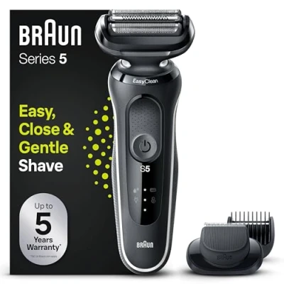Obrázek Braun Elektrický holicí strojek Series 5 s nástavcem EasyClick, zastřihovač vousů, pánský strojek, EasyClean, Wet &amp; Dry, dárek pro muže, Made in Germany, 51 W1500s, bílý