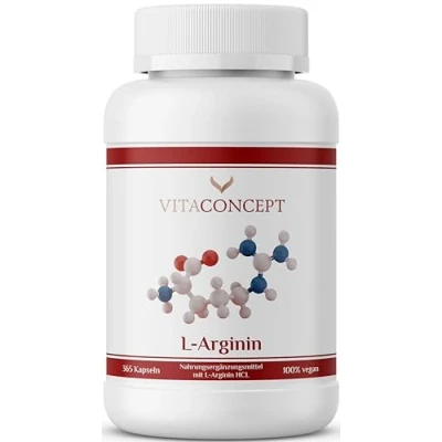 Obrázek VITACONCEPT I L arginin 365 kapslí vysokých dávek 1000 mg na kapsli pouze 3 kapsle denně 98,7 % čistého argininu laboratorně testováno, veganské a vyrobeno v Německu