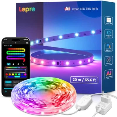 Obrázek Lepro LED pásek AI S1, RGBIC 20M Smart s asistentem světelného designu, hudební synchronizace, ovládání pomocí aplikace kompatibilní hlasovými asistenty Alexa a Google, světelný