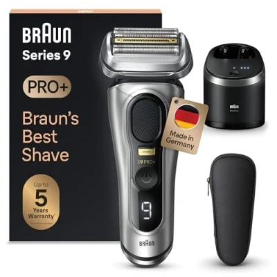 Obrázek Braun Pánský elektrický holicí strojek Series 9 Pro+, s 5 Pro, zastřihovač dlouhých vlasů ProTrimmer a čisticí stanice, doba provozu 60 min, Made in Germany, 9567cc, stříbrný