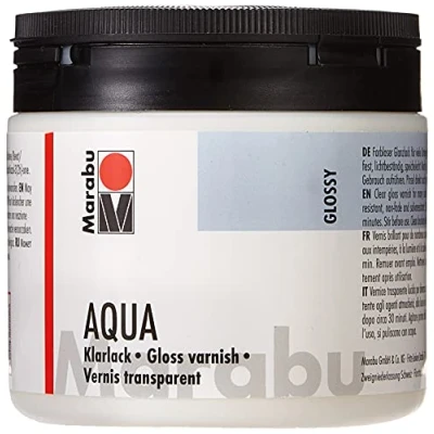 Obrázek Marabu 11350075000 Bezbarvý čirý lak aqua průhledný, 500ml dóza, vysoce lesklý akrylový na vodní bázi, pro hobby a volný čas, lakování mnoha kutilských prací materiálů