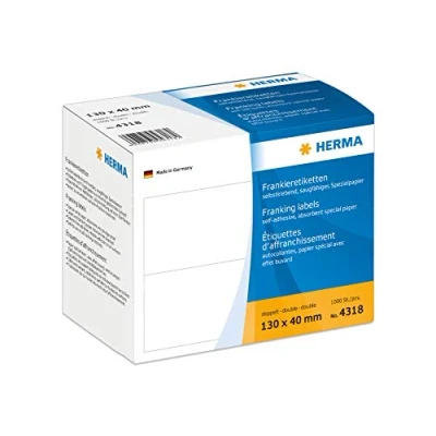 Obrázek HERMA 4318 Frankovací etikety pro francouzské stroje, dvojité, 130 x 40 mm, 1000 kusů, samolepicí, matné, 2násobné papírové etikety, lepicí bílé