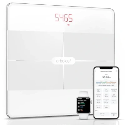 Obrázek arboleaf osobní váha pro analýzu těla, tělesného tuku digitální s aplikací a 13 tělesnou hmotností 396 lb/180 kg, Bluetooth BMI, tělesný tuk svaly, proteiny, BMR atd. (bílá)