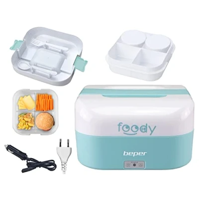 Obrázek BEPER FOODY Elektrische Lunchbox für Auto, Truck, Office, Schule mit Doppelsteckdose (Auto/Wand) Thermo 4 Trennbaren Innenfächern + Besteck inklusive, Blau