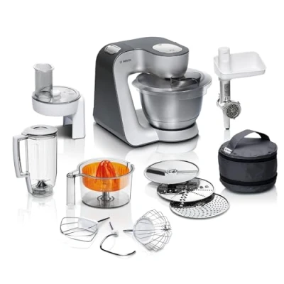 Obrázek Kuchyňský robot Bosch MUM5 Styline MUM56340, mísa 3,9 l, mixér 1,25 mlýnek na maso, lis citrusy, planetové míchání, hnětací háky, míchací metličky, řezací kotouč, 3 kotouče, 900 W, antracit/stříbro
